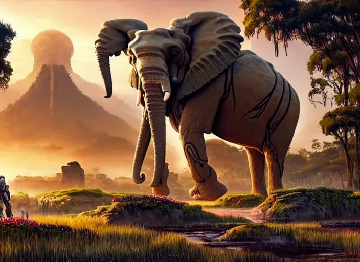 Image similar to symmetry!! landscape portrait of a herd of hybrid robot mammoth elephant with big tusk, floral! horizon zero dawn machine, intricate, elegant, highly detailed, digital painting, ancient ruins background, sunrise, background atmospheric lighting, ray tracing, artstation, concept art, smooth, sharp focus, illustration, art by artgerm and greg rutkowski 8 k