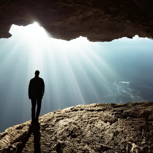 Prompt: a silhouetted man stands on a precipice overlooking a massive rocky underground cavern with rays of sunlight piercing through, cinematic, high detail