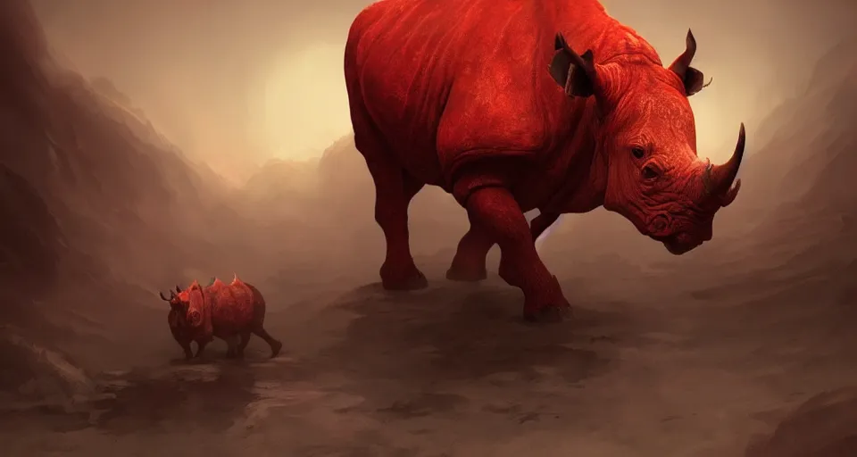 Image similar to a red rhino in the bone kingdom, beautiful, soft lighting, artstation, storybook,