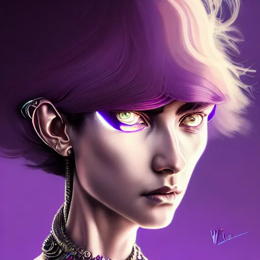 Image similar to woman with extremely large and intricate haircut with angry purple eyes and slim features looking askance, eye cyberpunk bionics, retro futurist style, intricate, elegant gleaming intricate baroque jewelry, angelic halo, highly detailed, digital painting, artstation, concept art, smooth, sharp focus, illustration, art by wlop, mars ravelo and greg rutkowski,