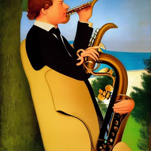 Prompt: a man playing saxophone on the beech by Raphael, Hopper, and Rene Magritte. detailed, romantic, enchanting, trending on artstation.