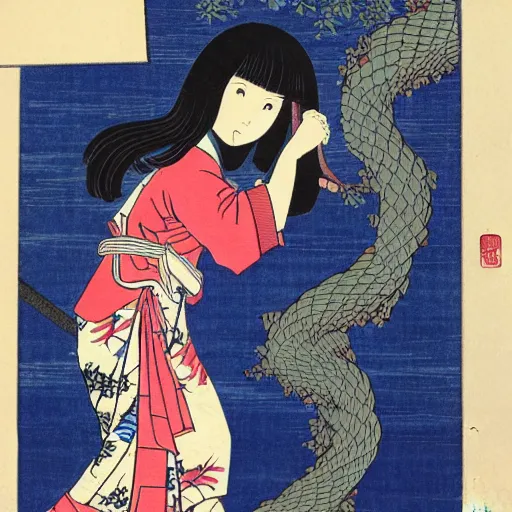 Prompt: Japanese woodblock print of real girl dora the explorer, hokusai