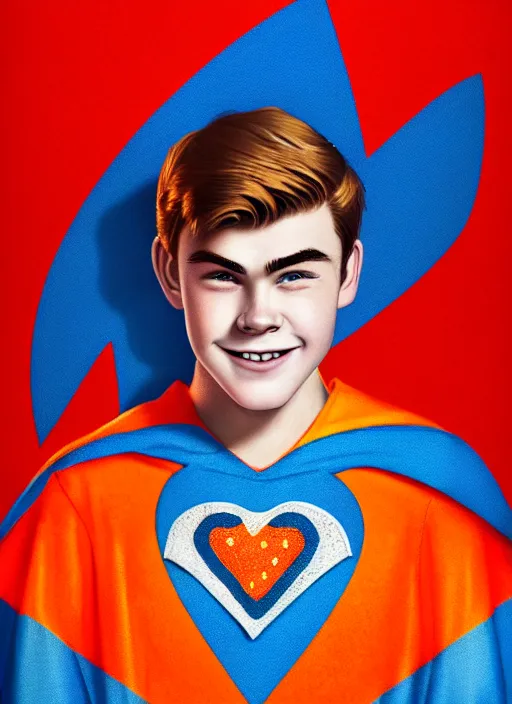 Image similar to friendly teenage archie andrews wearing an orange superhero costume with heart logo, heart, freckles, blue cape, heart emblem on chest, blue cape, intricate, elegant, glowing lights, highly detailed, digital painting, artstation, sharp focus, illustration, art by wlop, mars ravelo and greg rutkowski