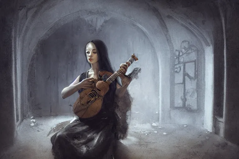 Prompt: still life of a lute with smoke wisping up from its smoldering string, cursed baroque with ebony inlay, designed by brian froud and hr giger leans against the wall alone, abandoned. an empty brutalist chamber, lonely, somberlate afternoon lighting cinematic fantasy painting by jessica rossier