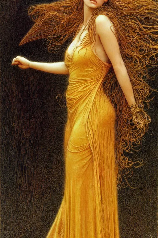 Image similar to portrait of tomboy in golden dress, fantasy, intricate, jean delville, luis royo