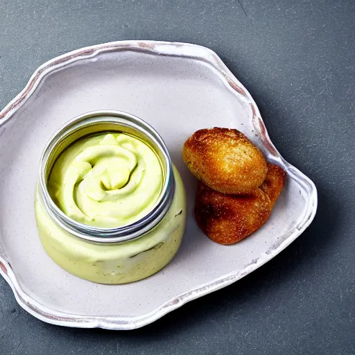 Prompt: Opened can of mayonnaise, served on a plate, gourmet food