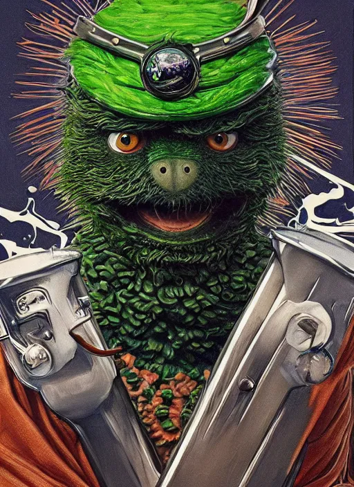 Image similar to portrait of Oscar The Grouch in Society (1989), intricate, highly detailed, centered, digital painting, artstation, concept art, smooth, sharp focus, illustration, artgerm, donato giancola, Joseph Christian Leyendecker, Les Edwards, Ed Repka, WLOP, Artgerm