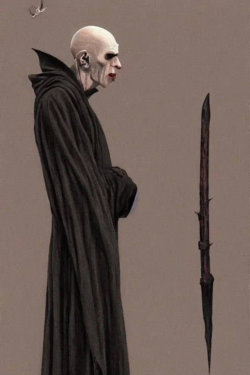 Prompt: a bald vampire wearing a long black robe with large bat ears huge black eyes and gray skin, character art, nosferatu, painting by wayne barlowe