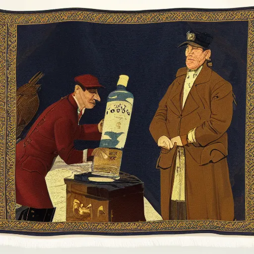 Image similar to a tapestry of a man in a uniform observing the sealing of a very important bottle of spirits