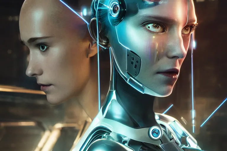 Image similar to highly detailed surreal vfx portrait of a robot android, ex machina, ghost in the shell, alita battle angel, stephen bliss, unreal engine, greg rutkowski, loish, rhads, beeple, makoto shinkai and lois van baarle, ilya kuvshinov, rossdraws, tom bagshaw, global illumination, detailed and intricate environment