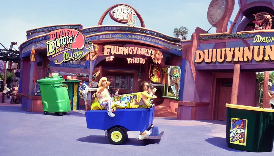 Image similar to 1990s photo of inside the Doug Funny Show ride at Universal Studios in Orlando, Florida, riding a trash can through Doug's town , cinematic, UHD