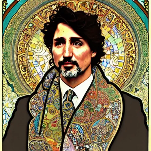 Image similar to detailed art Justin Trudeau, by Alphonse Mucha and Gustav Klimt