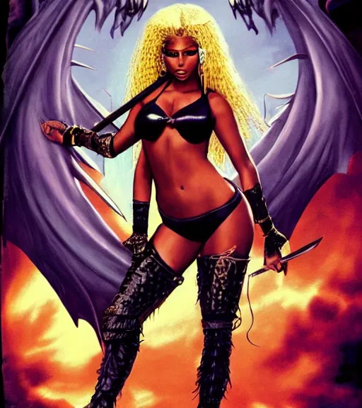 Image similar to 1 9 8 0 s fantasy novel book cover, nicki minaj in bikini armor holding a cartoonishly huge sword, dark smoky background, menacing dragon within the shadows