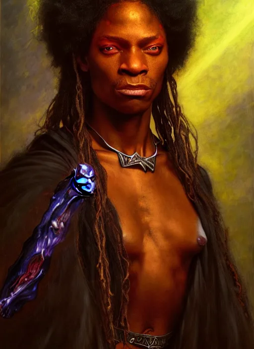 Image similar to african american wizard, full body, hyper realistic, extremely detailed, dnd character art portrait, dark fantasy art, intricate fantasy painting, dramatic lighting, vivid colors, deviantart, artstation, by edgar maxence and caravaggio and michael whelan and delacroix.