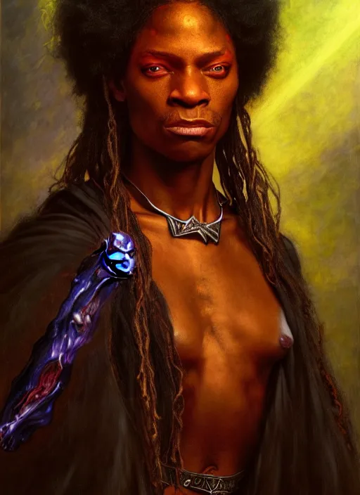 Prompt: african american wizard, full body, hyper realistic, extremely detailed, dnd character art portrait, dark fantasy art, intricate fantasy painting, dramatic lighting, vivid colors, deviantart, artstation, by edgar maxence and caravaggio and michael whelan and delacroix.