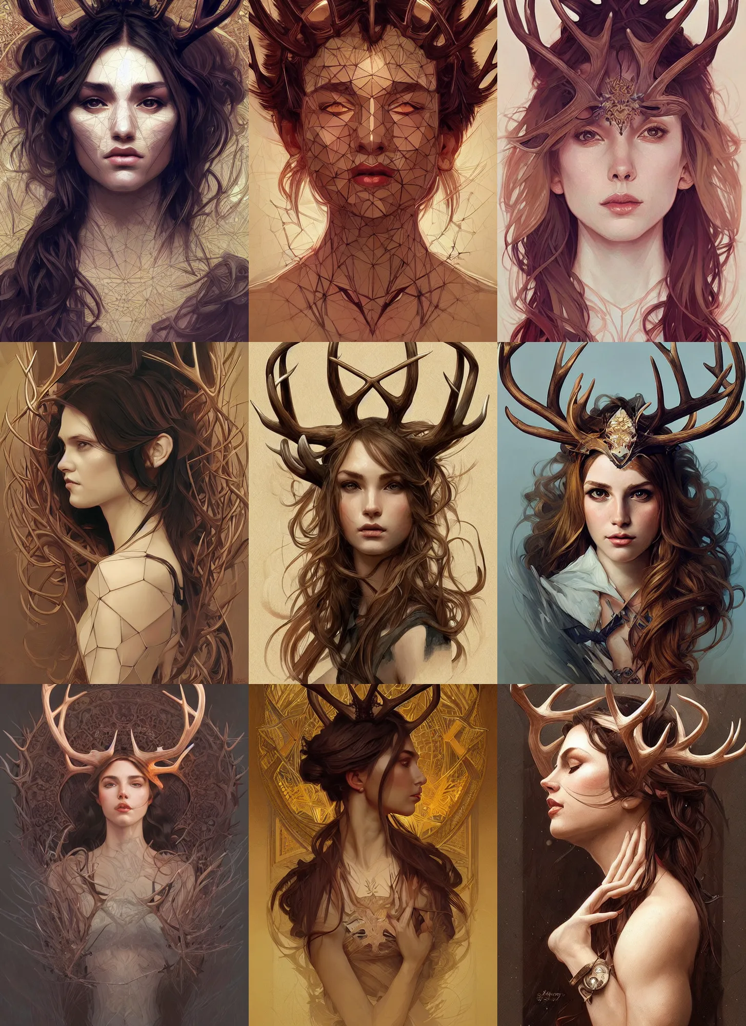 Prompt: Geometric Portrait with antlers, intricate, elegant, highly detailed, digital painting, artstation, concept art, smooth, sharp focus, illustration, art by artgerm and greg rutkowski and alphonse mucha