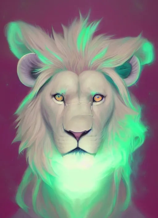 Image similar to !dream aesthetic portrait commission of an albino male furry anthro lion wearing a mint colored thin cloack, pastel Neon lense flares. Atmospheric. Character design by charlie bowater, ross tran, artgerm, and makoto shinkai, detailed, inked, western comic book art, 2021 award winning painting