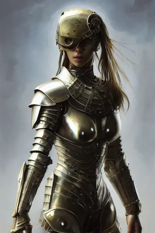 Image similar to a photorealistic painting of an attractive young girl, partially clothed in metal-plated battle armor, olive skin, long dark hair, beautiful bone structure, symmetrical face, perfect eyes, intricate, elegant, digital painting, concept art, illustration, sharp focus, minimal artifacts, from Metal Gear, in the style of Ruan Jia and Mandy Jurgens and Greg Rutkowski, trending on Artstation, award winning