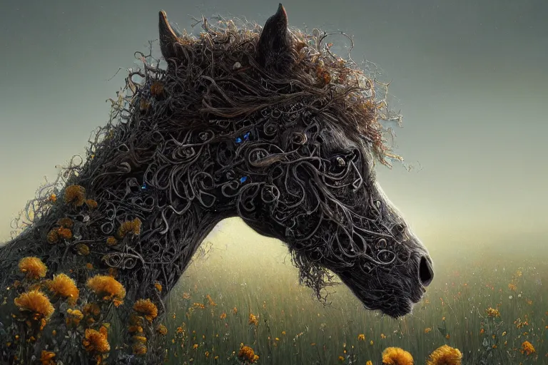 Image similar to a stunning digital painting of a horse made of intricately engraved gnarled wood with a mane of bioluminescent flowers standing in a field of flowers by greg rutkowski, flowercore, volumetric light, digital art, fine detail, photorealistic