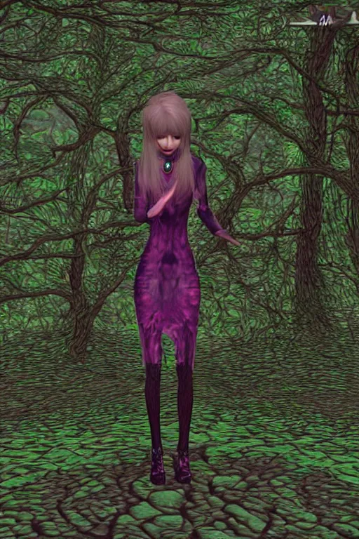 Image similar to cute female forest spirit wearing soft grunge floral cybernetic mughal valentino resort dress in a 3 d psx ps 2 jrpg style, esoteric scifi magical alien ruined cathedral sanctuary interior, fashion gameplay screenshot, highly detailed, bright