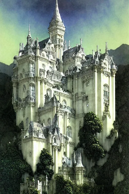 Image similar to majestic white gothic castle by Maxfield Parrish, Luis Royo