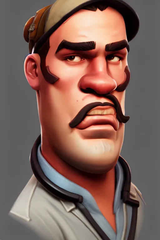 Image similar to beautiful highly detailed realistic stylized character portrait team fortress 2 engineer, detailed character art master portrait, trending on artstation