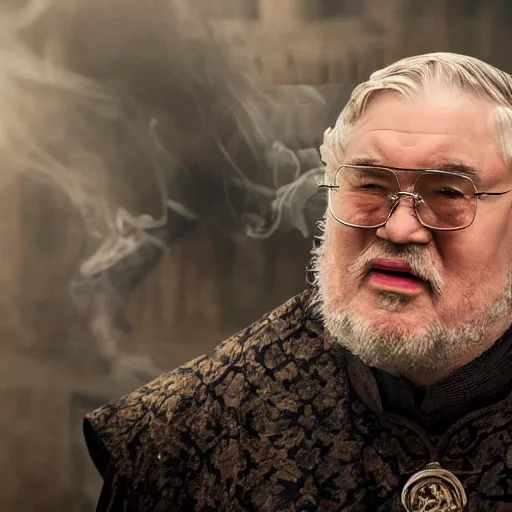 Image similar to george r r martin is inhaling smoke from cersei lannisters mouth, it is like a soul is leaving her mouth into his mouth, dramatic lighting, close up