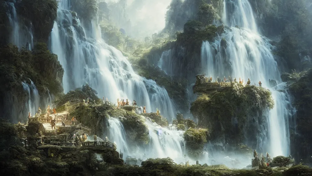 Image similar to elven architecture above the great alpine waterfall. andreas achenbach, artgerm, mikko lagerstedt, zack snyder, tokujin yoshioka