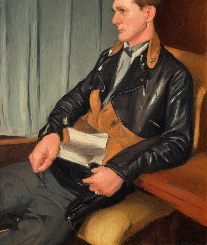 Image similar to a very detailed portrait of a man wearing an open leather jacket with different badges, in the style of edward hopper and oswald hornby joseph birley, very small brushstrokes, 4 k,