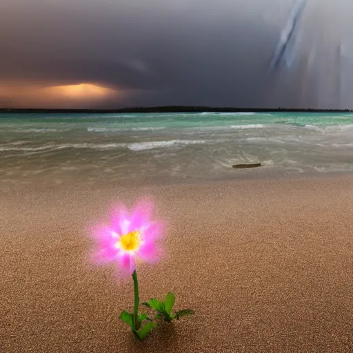 Image similar to a flower on the beach by the sea, dramatic lightning, cinematic lights, photo 1 5 mm,