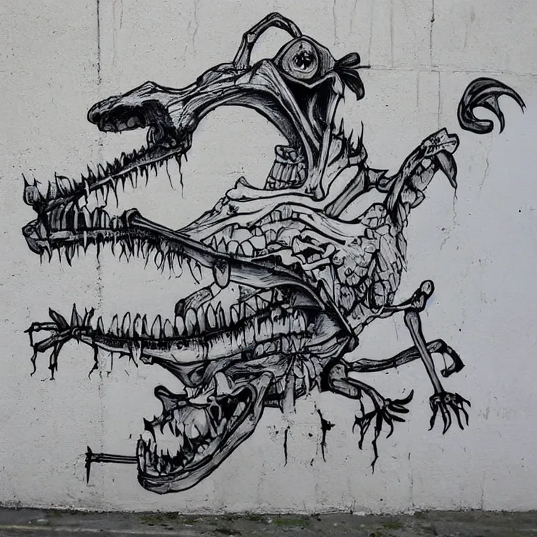 Prompt: Street-art painting of cute crocodile-skeleton in style of Banksy, comic character, cute skeleton, cartoon style, photorealism