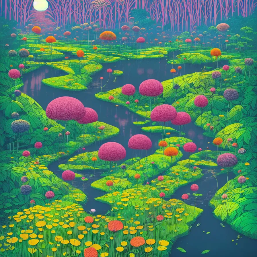 Image similar to ( ( ( gediminas pranckevicius ) ) ) flower garden, river flow through borneo jungle, summer morning, very coherent and colorful high contrast art by james gilleard floralpunk screen printing woodblock, dark shadows, pastel color, hard lighting