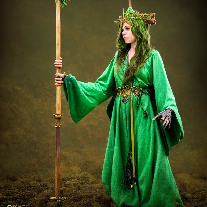 Image similar to photograph of a real-life beautiful earth witch with ornate green robes and staff. Extremely detailed. 8k