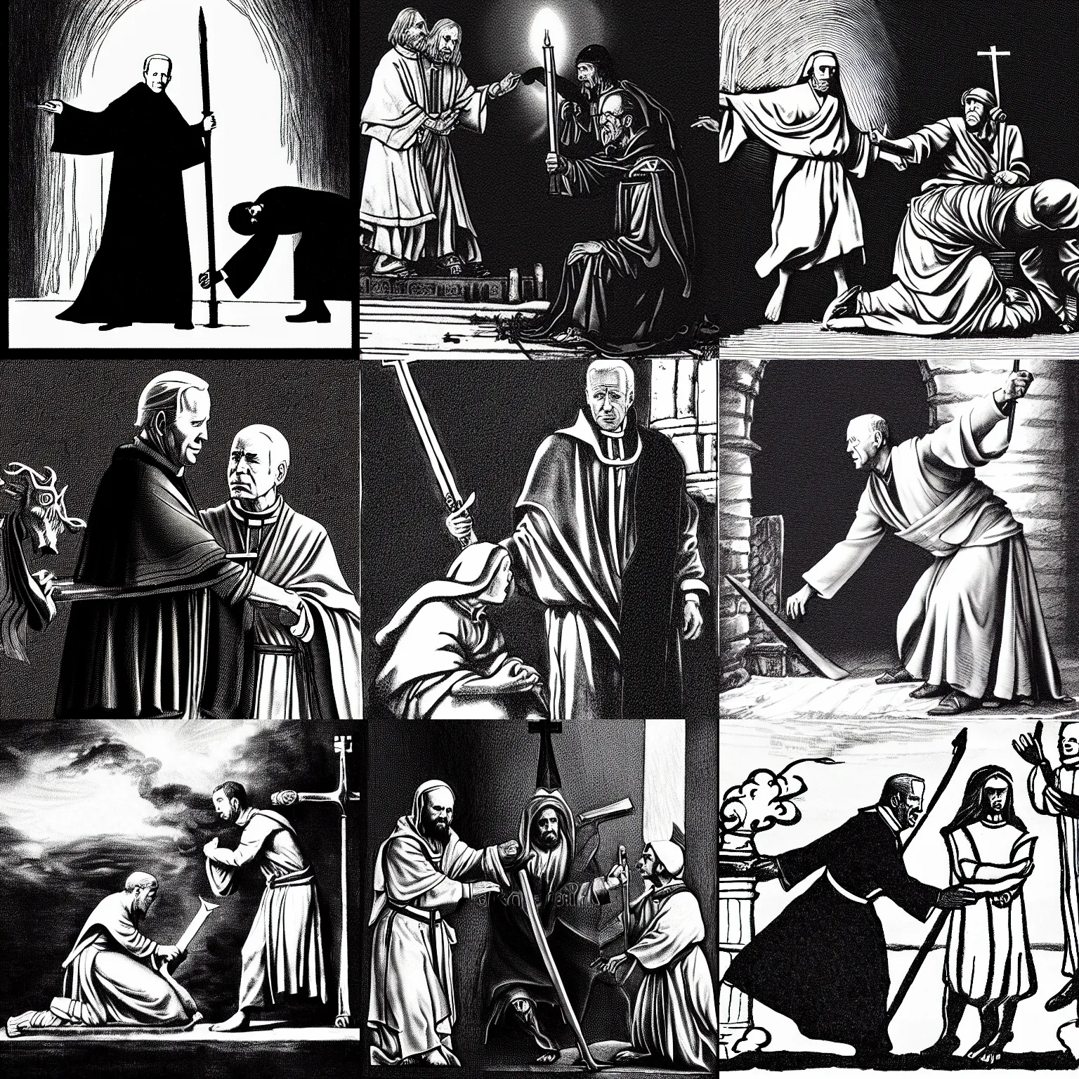 Prompt: pen and ink portrait of a joe biden as a catholic priest about to stab a woman on a sacrificial altar, impressive scene. grainy and rough. black and white colour scheme. beautiful artistic detailed digital art