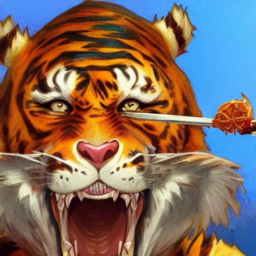 Image similar to portrait of tony the tiger opening his mouth to eat pizza, highly detailed, digital painting, artstation, concept art, sharp focus, illustration, art by artgerm and greg rutkowski and alphonse mucha