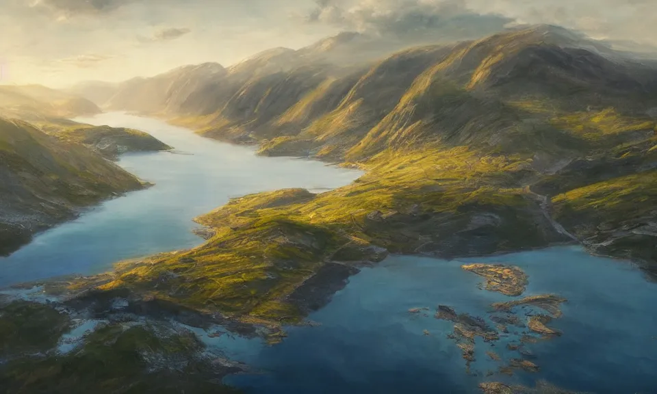 Image similar to nordic fjord, summer morning light, aerial view, beautiful landscape, cinematic light, soft illumination, cinematic composition, wide - angle, atmospheric, oil painting, trending on artstation