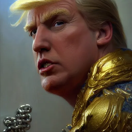 Prompt: detailed realistic cinematic wide shot of beautiful attractive muscular donald trump with gold chain wearing blue bath robe slim face symettrical face clean skin black eyes black robe smooth, sharp focus, ultra realistic, spring light, painting by gaston bussiere, craig mullins, j. c. leyendecker