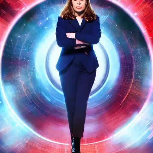 Image similar to a beautiful full body photograph of hayley atwell as'doctor who ', time vortex in the background, detailed face, symmetrical face, extreme realism and detail, 8 k, completely framed, direct lighting, 3 5 mm photo, photorealistic, sharp focus