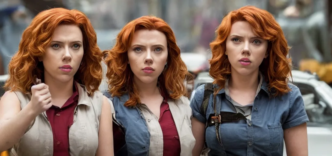 Image similar to scarlett johansson playing reporter april o'neil in the remake of teenage mutant ninja turtles, movie still, 8 k, # nostalgia