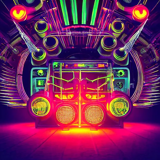 Prompt: album cover, album is called tripmachine, tripmachine, photo of a huge dieselpunk machine with guitars and drums and pianos, connected with glowing tubes 8 k, fluorescent colors, halluzinogenic, multicolored, exaggerated detailed, front shot, 3 d render, octane