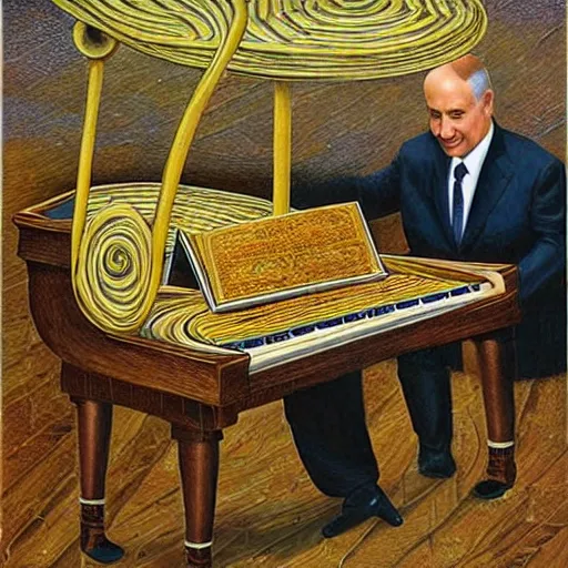 Prompt: benjamin netanyahu, spiraling floating piano, mirrors, by michael cheval