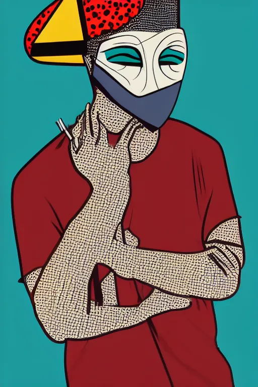 Image similar to random masked guy with blouse, pop art, aesthetic art, 8 k, asymmetrical, high details, digital painting, concept art, smooth, sharp focus, illustration, intricate, art by arstation and mimmo rottela, pixels art by paul robertson