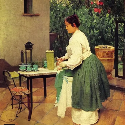 Image similar to a gorgeous housewife putting dishes on a table in the backyard, the table has a parasol, rainy scene, 1 9 5 0's, medium symmetry, by ilya repin, extreme detail, 8 k, intricate abstract, photorealistic