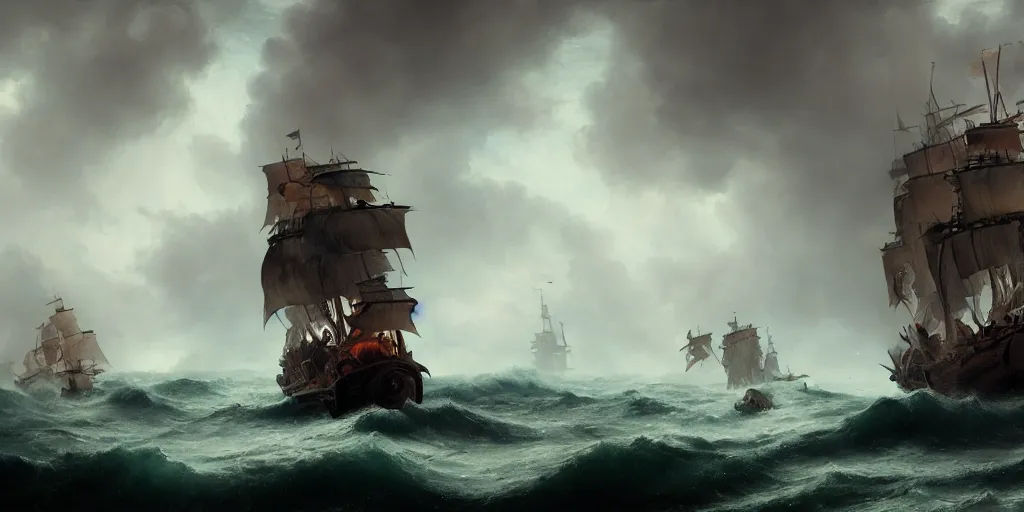 Image similar to a pirate ship from 1 7 0 0 s in the middle of a storm, extremely detailed digital painting, in the style of fenghua zhong and ruan jia and jeremy lipking and peter mohrbacher, mystical colors, rim light, beautiful lighting, 8 k, stunning scene, raytracing, octane, trending on artstation