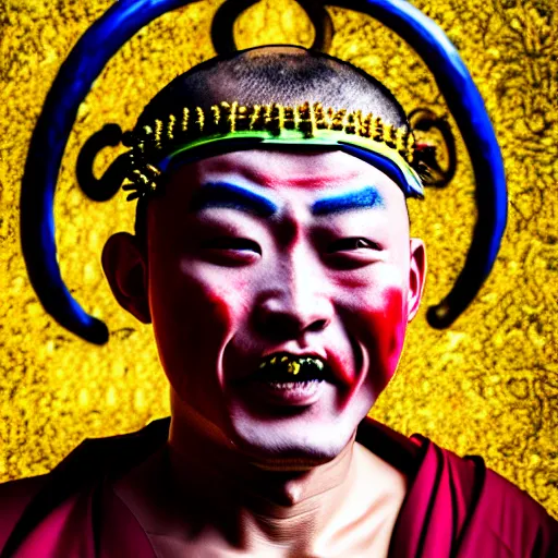 Image similar to photorealistic portrait photograph of a crazy buddhist monk with painted face as in peking opera and rastafarian rainbor color hair with spikes and rings in pierced face ears and nose like punks