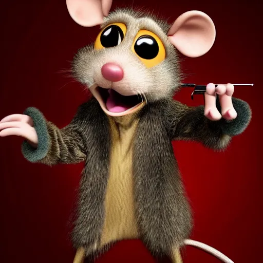 Image similar to 3d anthropomorphic rat, pixar, holding pistol, velvet, fur coat, high quality, expensive silk, gold detailing, fendi, high fashion