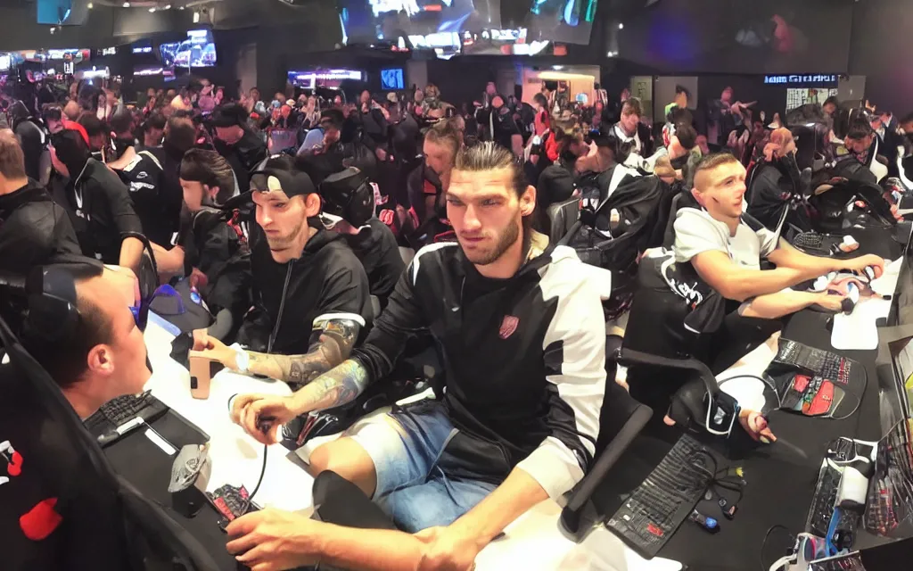 Image similar to soccer player andy carroll intensely gaming at an esports event