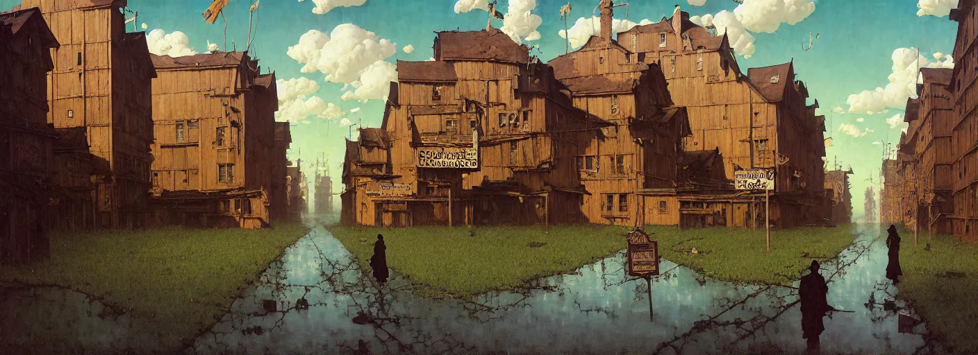 Image similar to flooded old wooden empty cursed city street, very coherent and colorful high contrast masterpiece by norman rockwell rene magritte simon stalenhag carl spitzweg jim burns, full - length view, dark shadows, sunny day, hard lighting, reference sheet white background