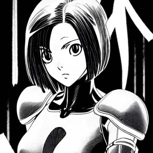 Image similar to alita by yukito kishiro. medium shot. black and white manga.