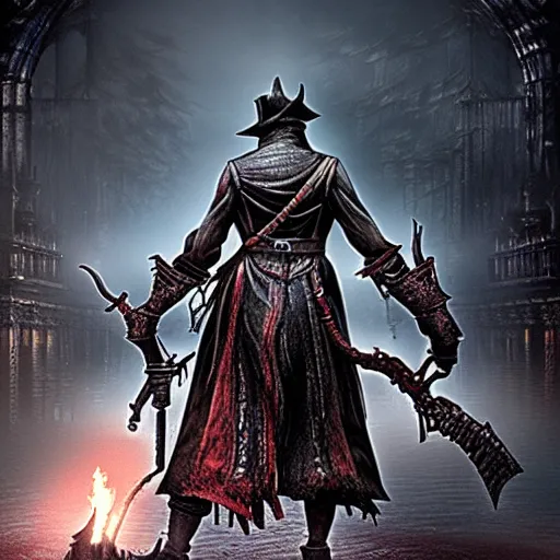 Prompt: Bloodborne Hunter wizard communing with a Great Old One. Dark. Detailed. Eerie.